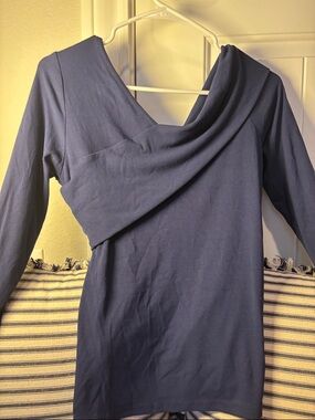 Blue Asymmetric Wrap Neck Long Sleeve Top